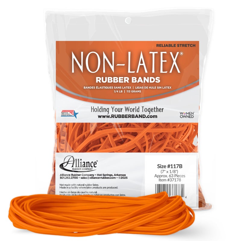 Alliance Non-Latex Rubber Bands, Size #117B (7" x 1/8"), 4 oz. Bag Contains Approx. 63 Bands, Orange (37178) - Image 1